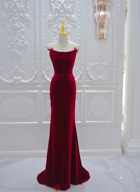 Wine Red Velvet Straps Cross Back Long Party Dress, Wine Red Velvet Prom Dress Tunics Fleece cozy Wine Red Velvet Straps Cross Back Long Party Dress, Wine Red Velvet Prom Dress Tunics Fleece cozy