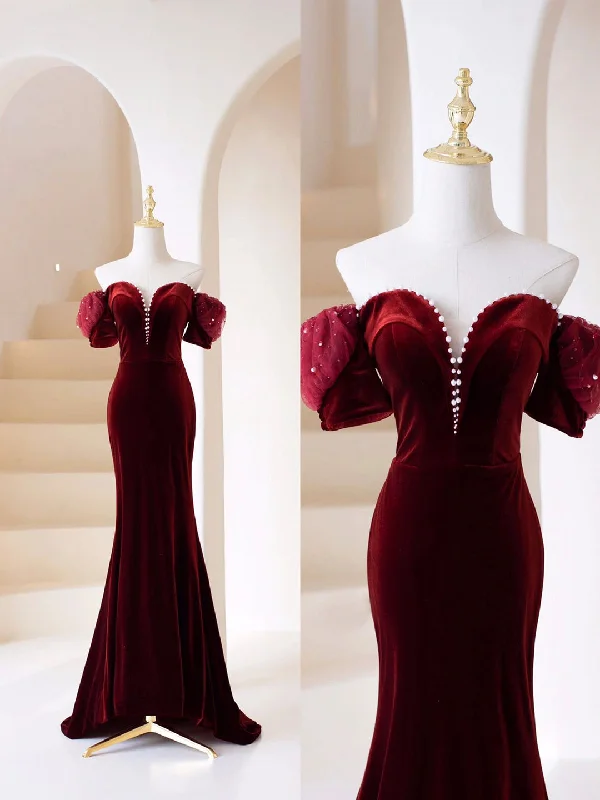 Burgundy Velvet Long Prom Dress, Mermaid Off Shoulder Evening Party Dress Tunics Spring floral Burgundy Velvet Long Prom Dress, Mermaid Off Shoulder Evening Party Dress Tunics Spring floral