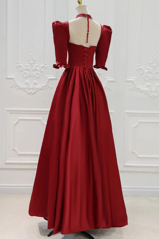 Burgundy Satin High Neck Long Prom Dress, Burgundy A-Line Evening Party Dress Tunics Distressed trendy Burgundy Satin High Neck Long Prom Dress, Burgundy A-Line Evening Party Dress Tunics Distressed trendy