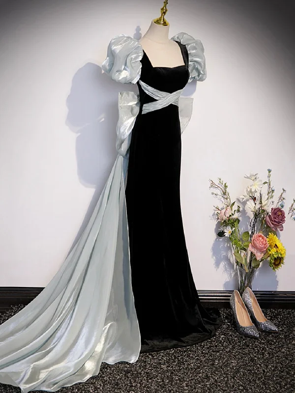 Black Velvet Long Prom Dress, Mermaid Evening Party Dress with Bow Tunics Fall fleece Black Velvet Long Prom Dress, Mermaid Evening Party Dress with Bow Tunics Fall fleece