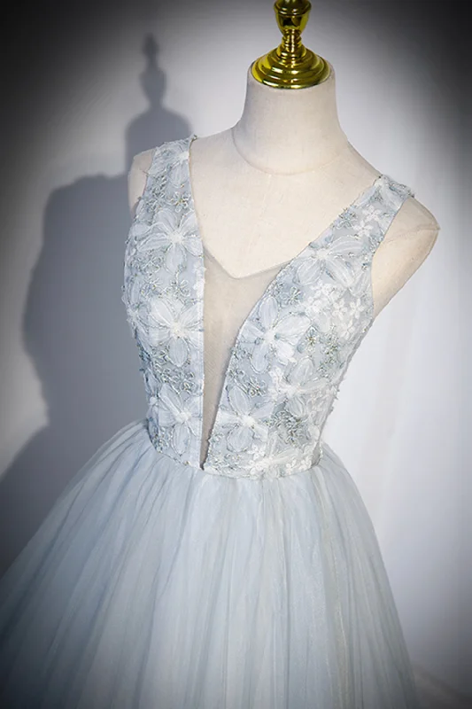 Cute V-Neck Tulle Long Prom Dress, Gray Evening Dress Party Dress Tunics Hiking breathable Cute V-Neck Tulle Long Prom Dress, Gray Evening Dress Party Dress Tunics Hiking breathable