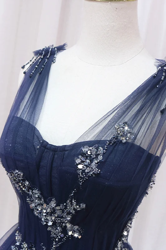 Blue Tulle Beaded Long Prom Dress, Blue A-Line Evening Party Dress Tunics Winter warm Blue Tulle Beaded Long Prom Dress, Blue A-Line Evening Party Dress Tunics Winter warm