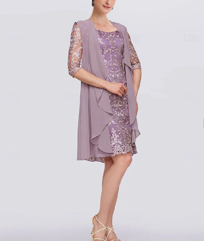 Two Piece Sheath / Column Mother of the Bride Dress Elegant Jewel Neck Knee Length Chiffon Lace Half Sleeve Jacket Dresses with Lace Welt Pockets Slit Pockets Flap Pockets Two Piece Sheath / Column Mother of the Bride Dress Elegant Jewel Neck Knee Length Chiffon Lace Half Sleeve Jacket Dresses with Lace Welt Pockets Slit Pockets Flap Pockets