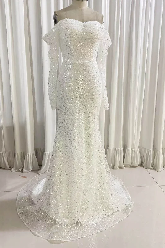 Ivory Mermaid Sequined Prom Dress with Long Sleeves, Sparkly Long Party Dresses Tunics Office stylish Ivory Mermaid Sequined Prom Dress with Long Sleeves, Sparkly Long Party Dresses Tunics Office stylish
