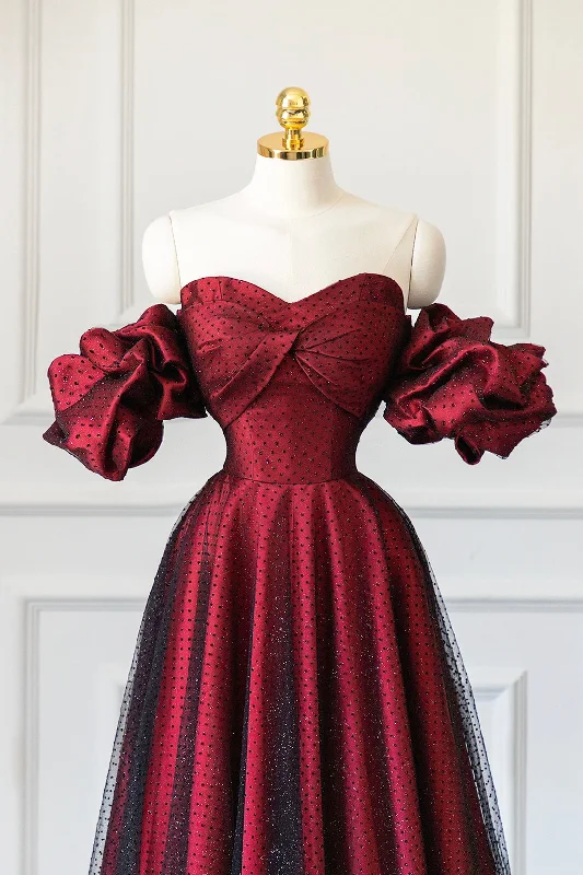 Burgundy Satin Tulle Long Prom Dress, Off Shoulder Evening Party Dress Tunics Handmade artisanal Burgundy Satin Tulle Long Prom Dress, Off Shoulder Evening Party Dress Tunics Handmade artisanal