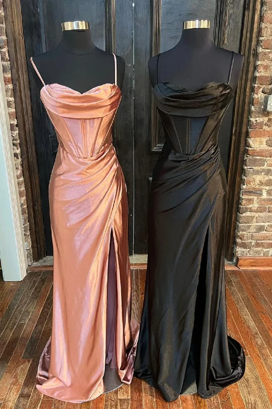 Simple Satin Long Mermaid Prom Dress, Spaghetti Straps Party Dress with Slit Tunics Prom sequined Simple Satin Long Mermaid Prom Dress, Spaghetti Straps Party Dress with Slit Tunics Prom sequined