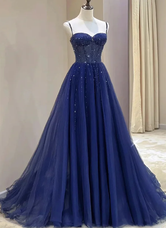 Blue Beaded Sweetheart Tulle A-line Prom Dress, Blue Long Party Dress Tunics Canvas sturdy Blue Beaded Sweetheart Tulle A-line Prom Dress, Blue Long Party Dress Tunics Canvas sturdy