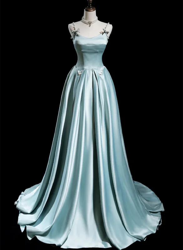 Blue Satin A-line Beaded Long Party Dress Prom Dress, Blue Evening Dress Tunics Exclusive limited Blue Satin A-line Beaded Long Party Dress Prom Dress, Blue Evening Dress Tunics Exclusive limited