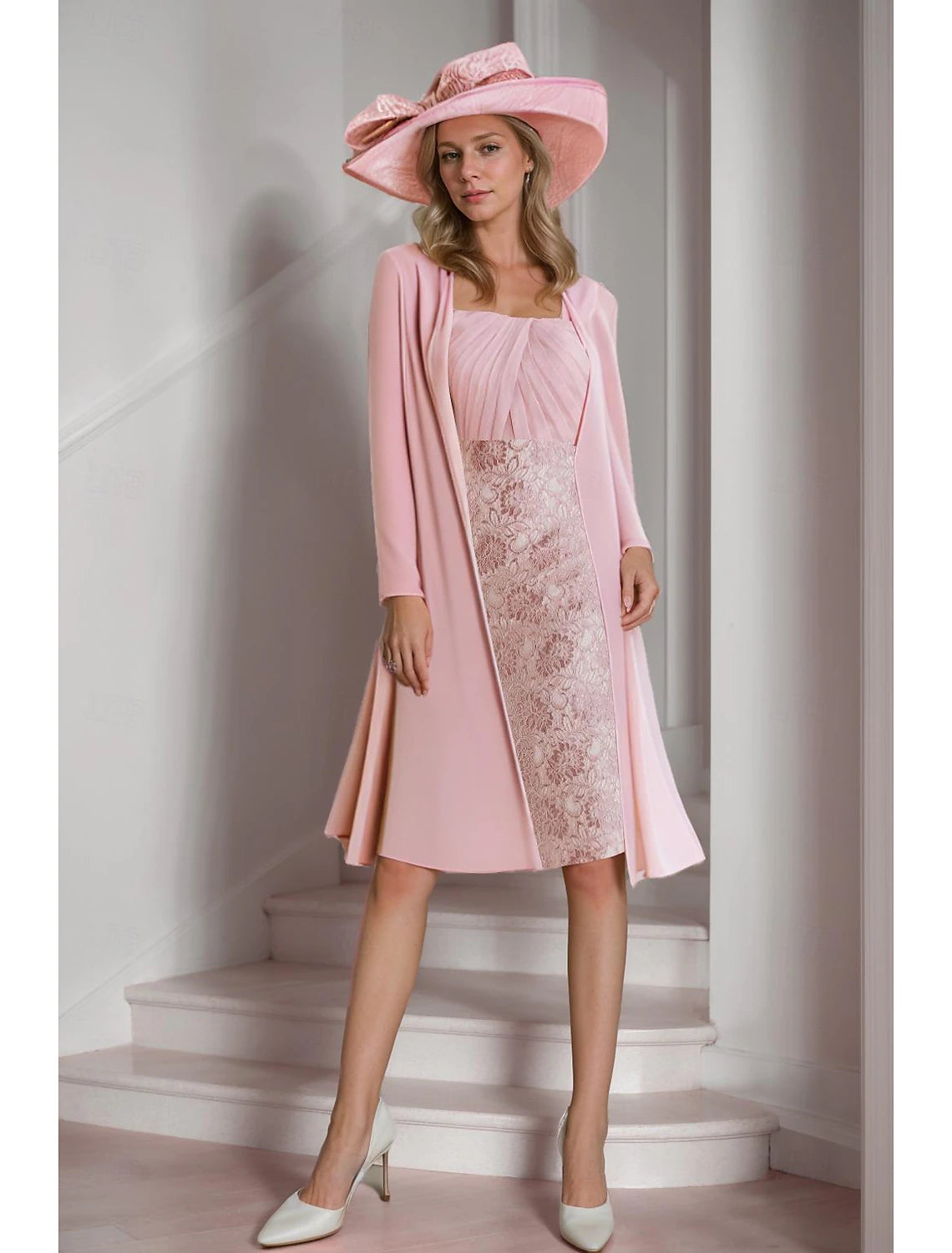 Two Piece Sheath / Column Mother of the Bride Dress Square Neck Knee Length Chiffon Lace Long Sleeve Jacket Dresses with Lace Zippered Front Buttoned Front Snap Front Two Piece Sheath / Column Mother of the Bride Dress Square Neck Knee Length Chiffon Lace Long Sleeve Jacket Dresses with Lace Zippered Front Buttoned Front Snap Front