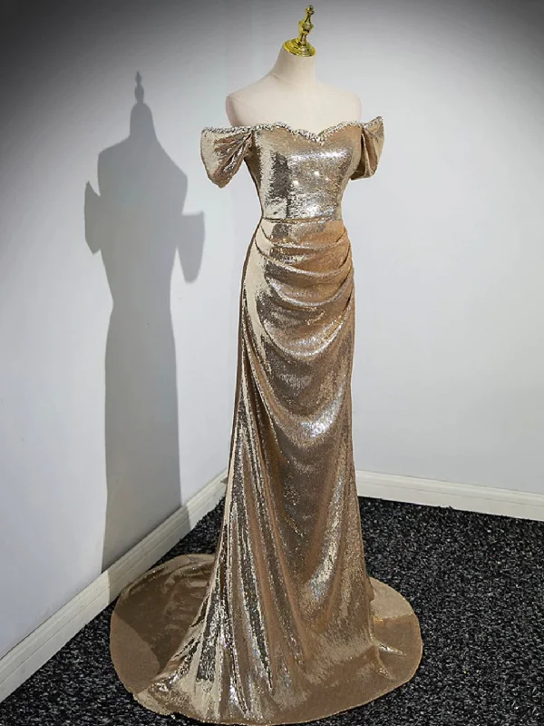 Gold Sequins Floor Length Prom Dress, Mermaid Off the Shoulder Evening Party Dress Tunics Seasonal trendy Gold Sequins Floor Length Prom Dress, Mermaid Off the Shoulder Evening Party Dress Tunics Seasonal trendy