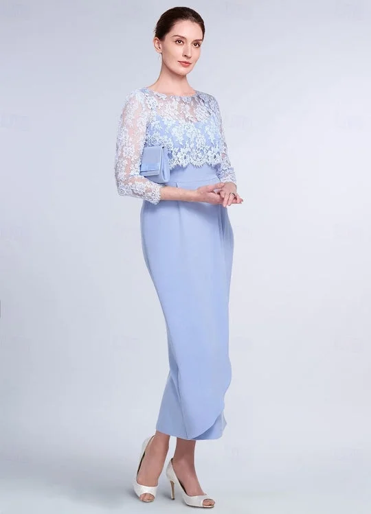 Two Piece Sheath / Column Mother of the Bride Dress Elegant Jewel Neck Tea Length Lace 3/4 Length Sleeve Jacket Dresses with Lace Knit Fabric Woven Fabric Fleece Fabric Two Piece Sheath / Column Mother of the Bride Dress Elegant Jewel Neck Tea Length Lace 3/4 Length Sleeve Jacket Dresses with Lace Knit Fabric Woven Fabric Fleece Fabric