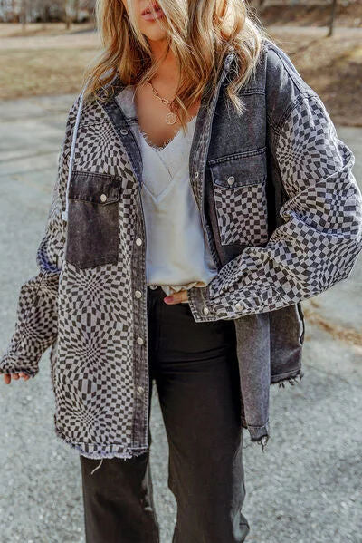 Reena Plaid Snap Down Raw Hem Drawstring Hooded Jacket Rayon Fabric Velvet Fabric Corduroy Fabric Reena Plaid Snap Down Raw Hem Drawstring Hooded Jacket Rayon Fabric Velvet Fabric Corduroy Fabric