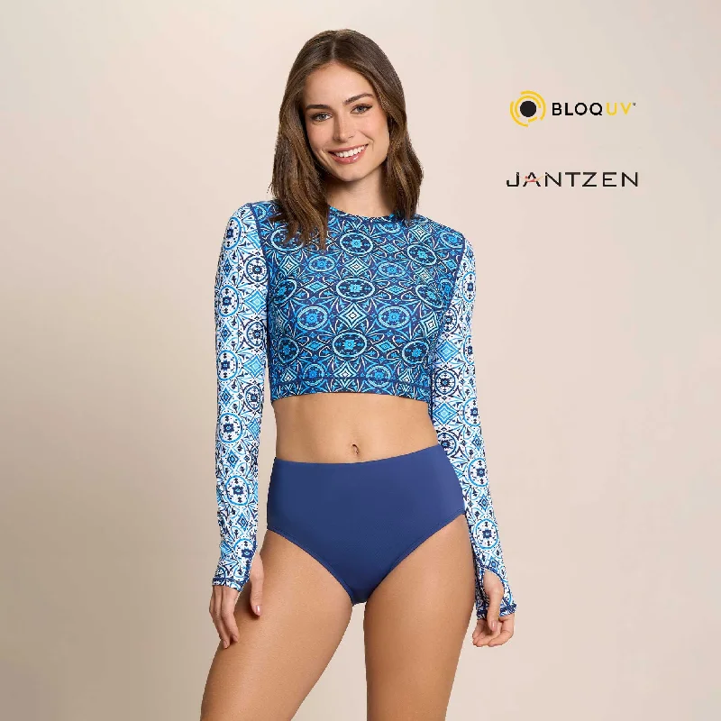 MOROCCAN TILES CROPPED SWIM RASH GUARD TEE TOP Classic Sporty Swimsuit