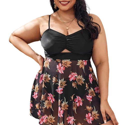 Plus Sexy Black Print Sling Skirt Split Bikini Swimsuit Set Sexy Monokini Swimsuit